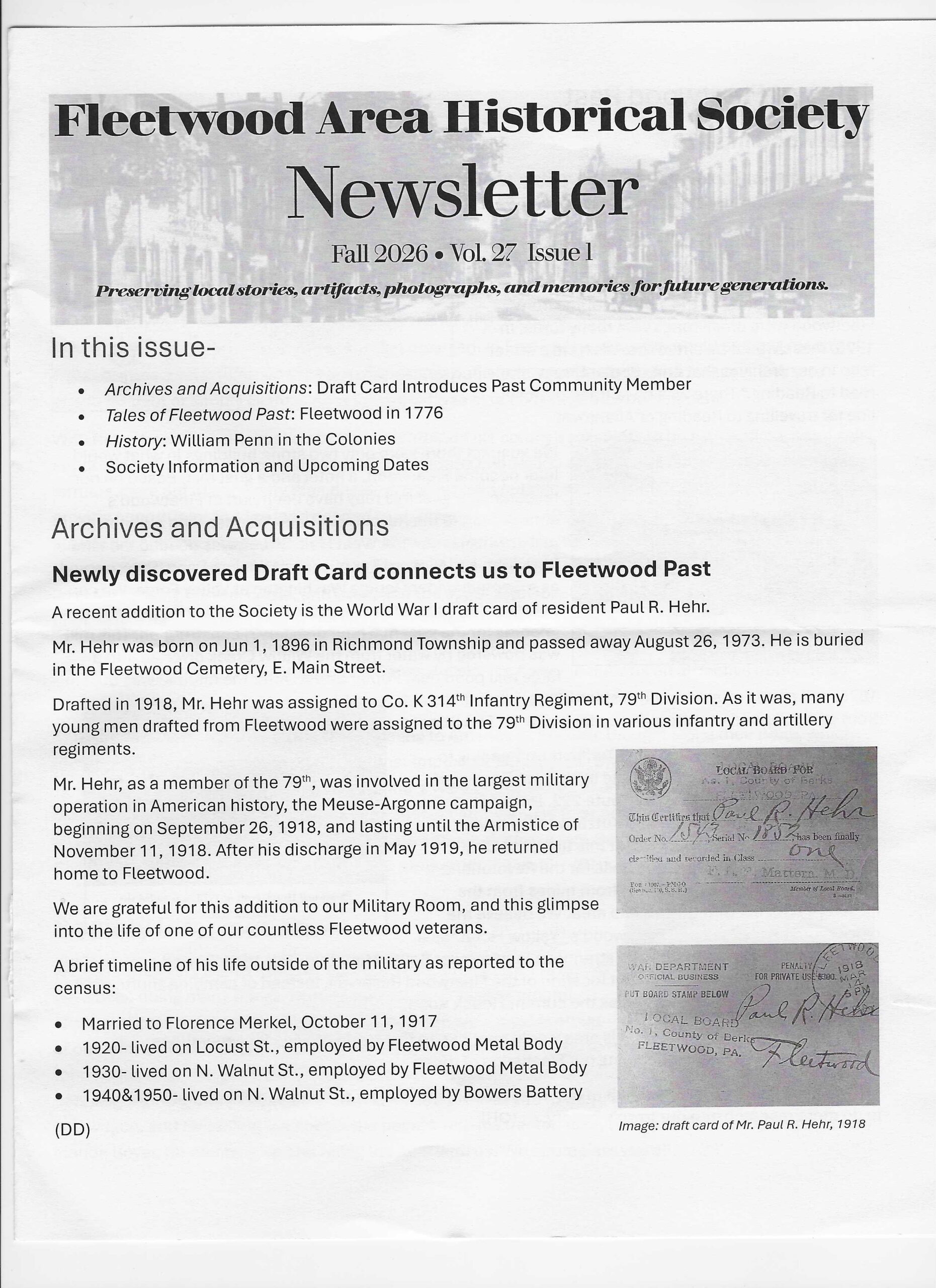 Fleetwood Area Historical Society Newsletter