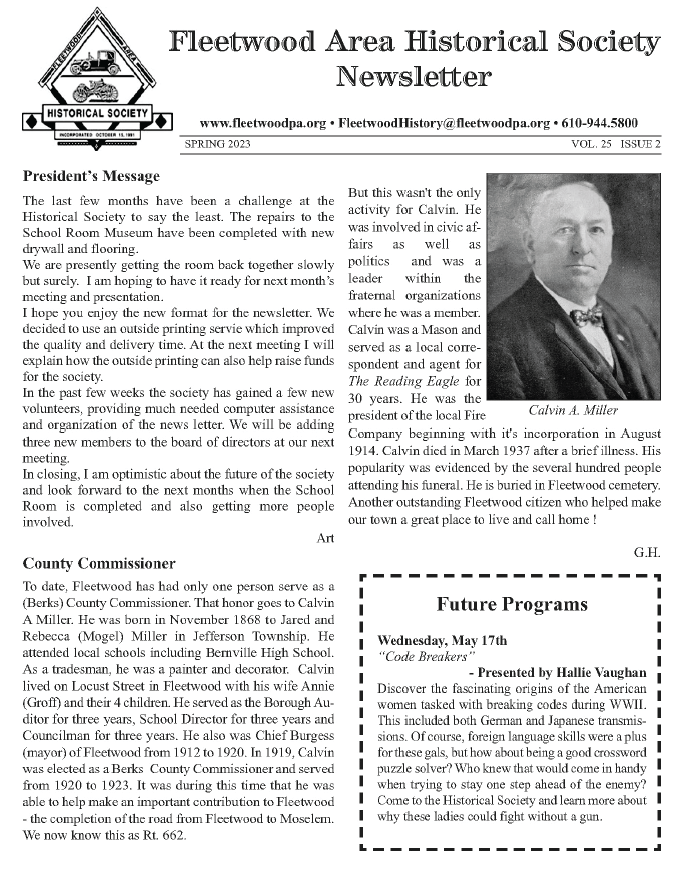 Spring Newsletter Fleetwood Historical Society