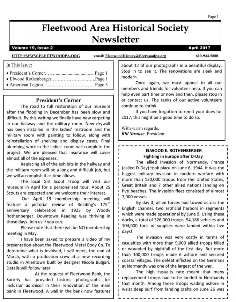 Fleetwood Historical Society Newsletters Museum Fleetwood, PA