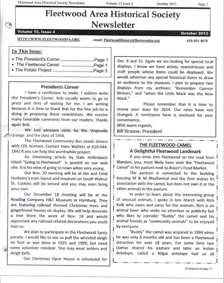 Fleetwood Historical Society Newsletters Museum Fleetwood, PA